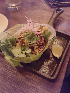 Kobe beef lettuce wrap with pickled vegetables, wild rice puffs, and special sauce at Adelaide Oyster House, St John's, Newfoundland - location of one of my favorite meals this year!