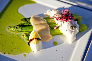 Salad of Sicilian burrata, asparagus, boiled egg, and lemon curd aioli, La Posada de Santa Fe ©Amiel Gervers Photography