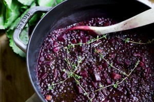 Beet braised lentils, inspired by Chef Beckman, Workshop.