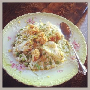 Lemon Pepper Smoked Cod and Crispy Britches with Mint, Lemon, and Green Pea Risotto. i8tonite with St. John's, Newfoundland Chef Mark McCrowe & Seafood Chowder Recipe