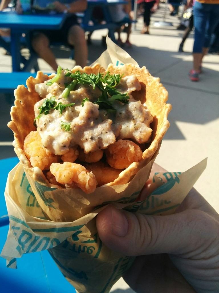 MN SF Buffalo Chicken in a Waffle Cone Topped w Sausage Gravy. From i8tonite with Minnesota's Heavy Table Writer Amy Rea & Recipe for Tomato-Poached Eggs
