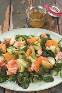 Orange, Spinach, and Salmon Salad Recipe by Chef Catherine Fulvio of Ballyknocken House and Cookery School in Glenealy, Ashford, Co. Wicklow. From The New Irish Table: Recipes from Ireland's Top Chefs