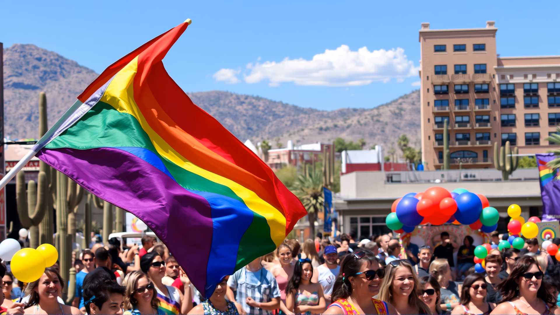 Folks marching with Rainbow flags